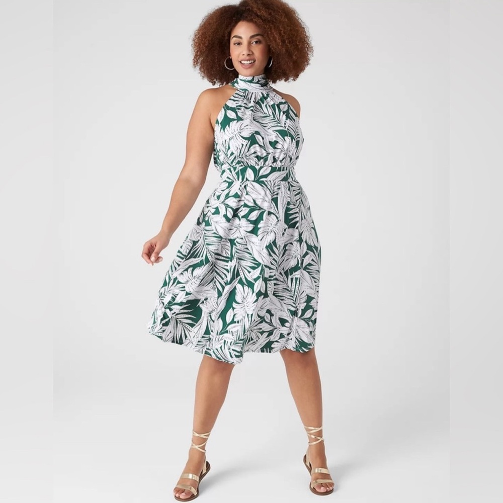 Lane Bryant Halter Tie Neck A-Line Dress Maui Leaves Women’s size 22/24 Tropical